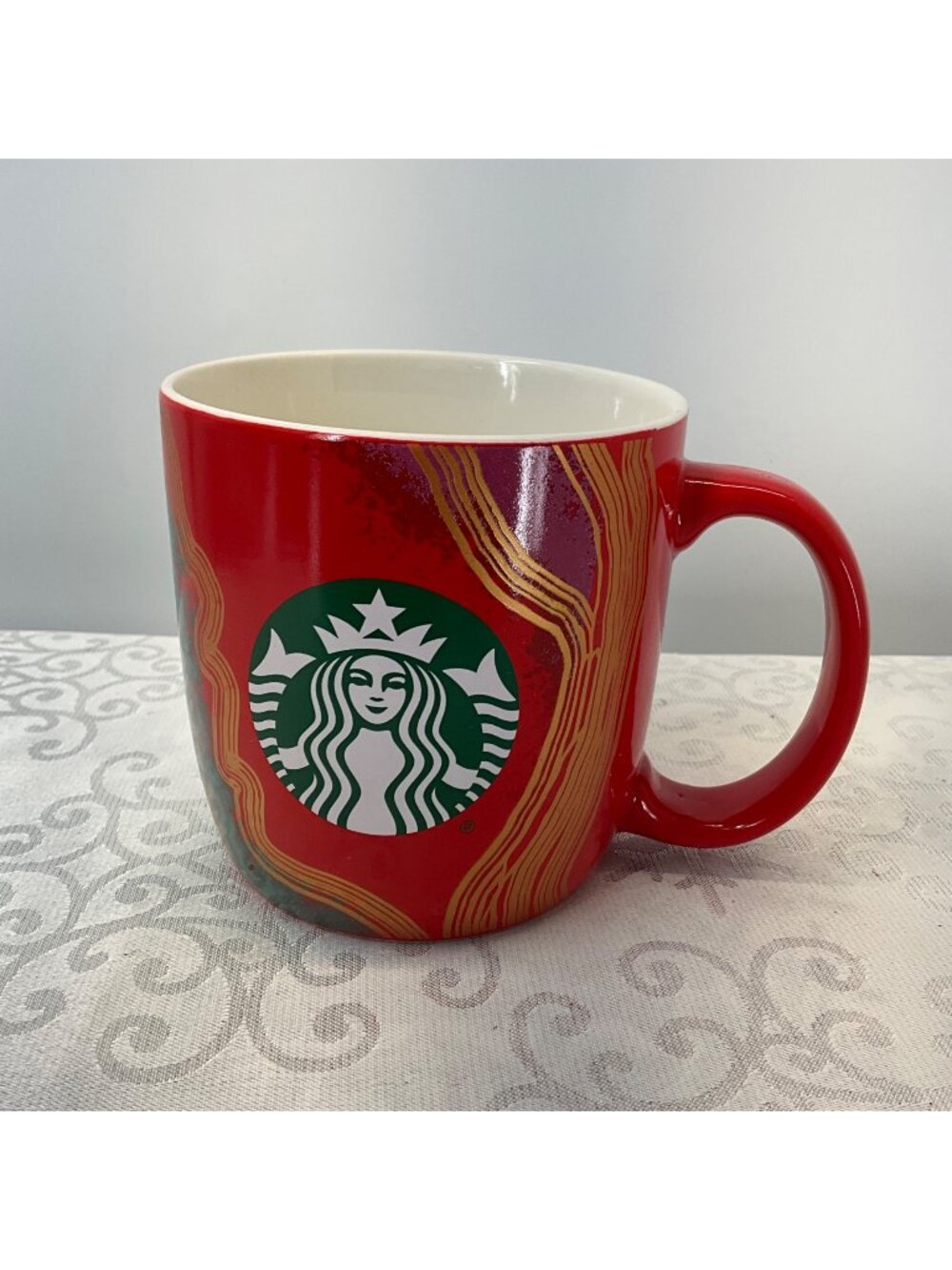 Starbucks 2021 18oz Red & Green Mug With Gold Swirl Design